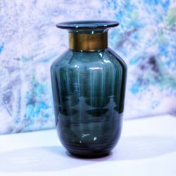 گلدان شیشه ای گردن برنجی آبی دودی (کد 18)