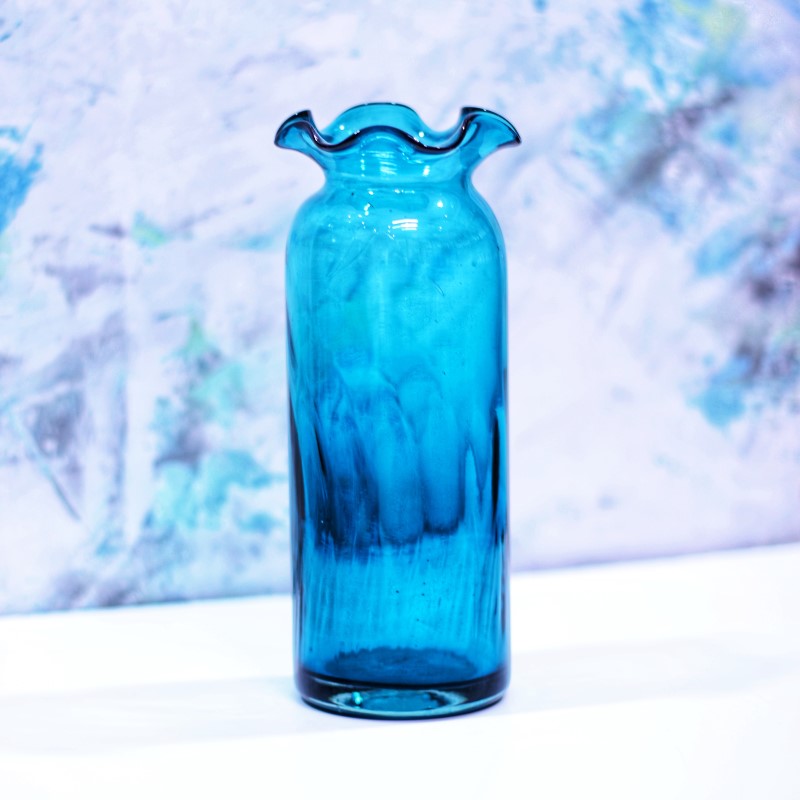 گلدان شیشه ای لب چین دستساز آبی فیروزه ای (کد 25)